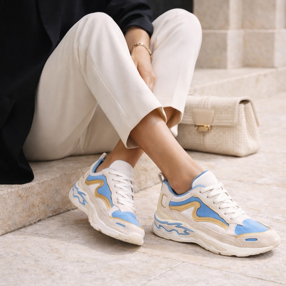 Sandro Flame Ivory Suede Sneakers Blue Panels Gold Trim Designer Trainers EU 37